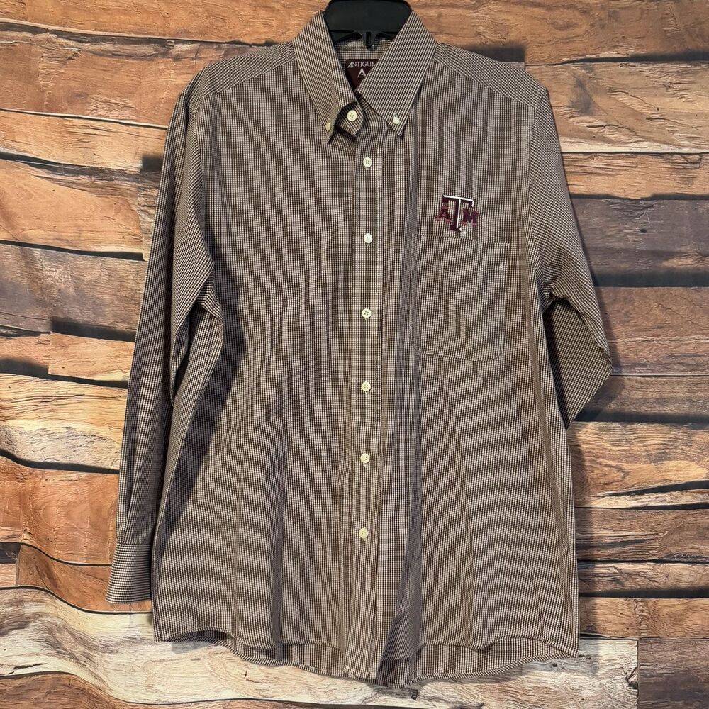 Texas A&M Aggies Shirt Mens M Antigua Maroon White Check Button Down Long Sleeve